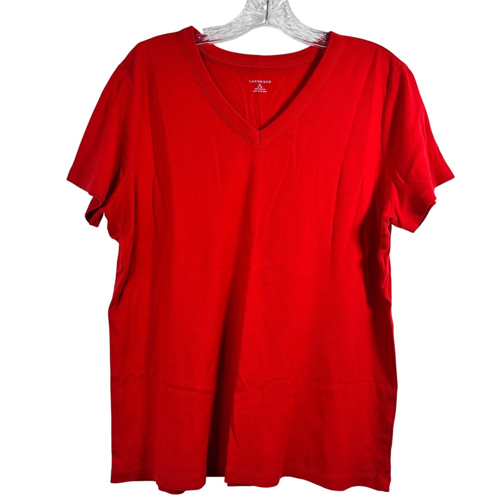 Lands End Red V-Neck Short Sleeve 100% Cotton T-Shirt Womens XL 18-20
